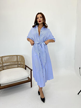 5318 ELBİSE-MAVİ BEYAZ ÇİZGİLİ
