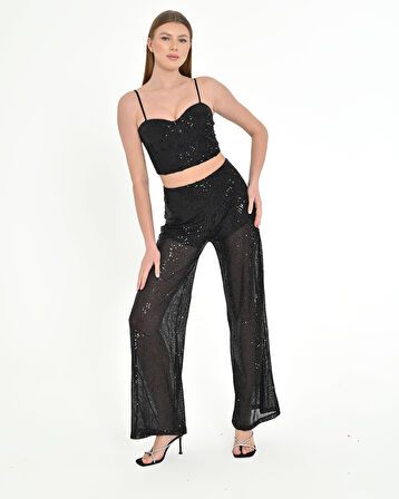 Simli Askılı Crop & Palazzo Pantolon Takım