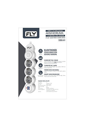 -3393-01 Termal Akım Korumalı 3'lü Priz 2 Usb 2m 2.1a Uzatma Kablosu