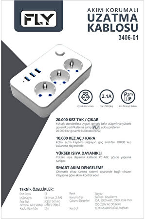 -3406-01 Termal Akım Korumalı 3'lü Priz 3 Usb 2m 2.1a Uzatma Kablosu