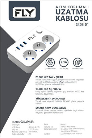 -3406-01 3'lü Akım Korumalı Priz 3*us 2.1a,2m