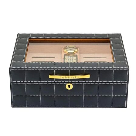 Lubinski Deri Camlı Humidor Puro Kutusu Gri 50s