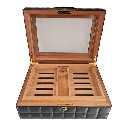 Lubinski Deri Camlı Humidor Puro Kutusu Gri 50s