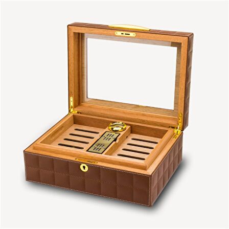 Lubinski Deri Camlı Humidor Puro Kutusu Kahve 50s
