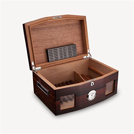 Sikarlan Cedar Camlı Bölmeli Puro Kutusu Humidor Kahve 100s