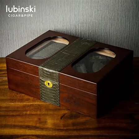 Lubinski Camlı Yılan Deri Ahşap Humidor Puro Kutusu Çakmak-Kesici-Kılıf Set