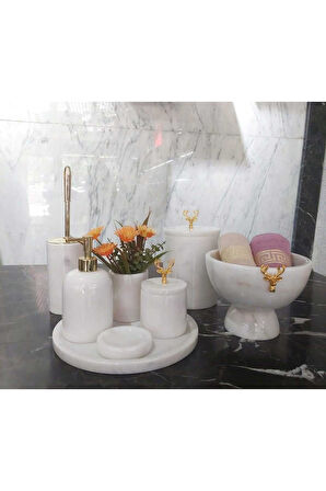 MARBOLLI - DOĞAL BEYAZ MERMER BANYO SETİ | 8 PARÇA |GOLD| MERMER KASE