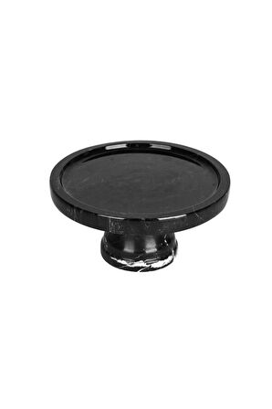 DOĞAL SİYAH YUVARLAK MERMER SUNUM TEPSİSİ - AYAKLI- 20 CM - SİYAH
