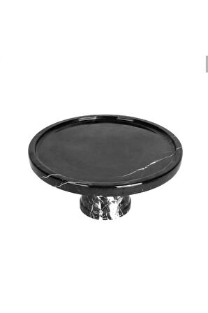 DOĞAL SİYAH YUVARLAK MERMER SUNUM TEPSİSİ - AYAKLI- 25 CM - SİYAH
