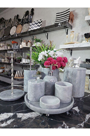 Space Grey - Doğal Gri Mermer Banyo Seti | 9lu | Mermer Vazo | Mermer Havluluk | Silver |