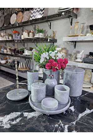 Space Grey - Doğal Gri Mermer Banyo Seti | 9lu | Mermer Vazo | Mermer Havluluk | Silver |