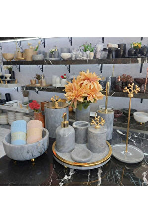 Light Grey Golden - Doğal Gri Mermer Banyo Seti | 10lu | Gold Metal Kasnak Detaylı