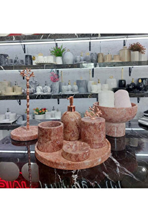 GLORİA- DOĞAL PEMBE MERMER BANYO SETİ | 7 PARÇA |ROSE| MERMER KASE |KAĞIT HAVLULUK|
