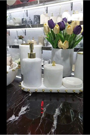 Brillant White - Doğal Beyaz Mermer Banyo Seti | Gold | 8li |