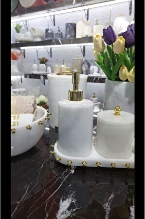 Brillant White - Doğal Beyaz Mermer Banyo Seti | Gold | 8li |