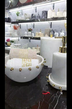 Brillant White - Doğal Beyaz Mermer Banyo Seti | Gold | 8li |