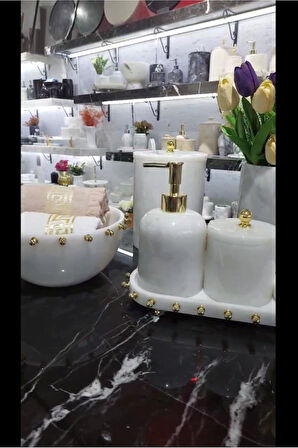 Brillant White - Doğal Beyaz Mermer Banyo Seti | Gold | 8li |