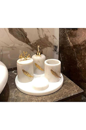 Beyaz Mermer Banyo Seti 5 Parça Gold Yaprak Detaylı