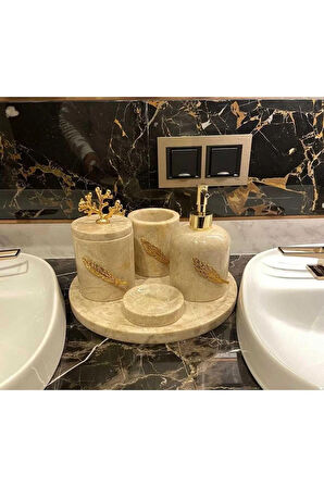 PERLA- DOĞAL BEJ MERMER BANYO SETİ- 5 PARÇA- GOLD YAPRAK DETAYLI
