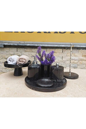 SAPPHİRE BLACK- DOĞAL SİYAH MERMER BANYO SETİ- 7 PARÇA- GÜMÜŞ - KAĞIT HAVLULUK