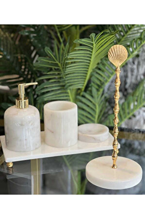 ASUDE- GOLD TOP DETAYLI BEYAZ MERMER BANYO SETİ- 5 PARÇA