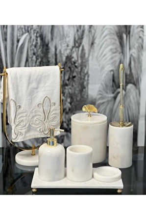 ASYA- GOLD TOP DETAYLI BEYAZ MERMER BANYO SETİ- 7 PARÇA