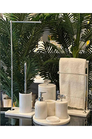 GÜMÜŞ BODİGA DETAYLI BEYAZ MERMER BANYO SETİ- 9 PARÇA- WC PEÇETELİK