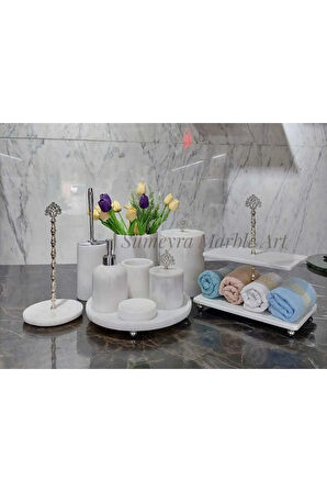 BEYAZ MERMER BANYO SETİ- KATLI HAVLULUK-10 PARÇA- GÜMÜŞ DETAYLI