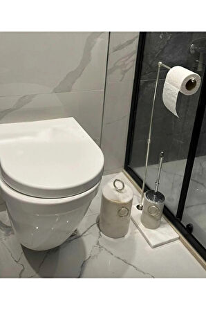DOĞAL MERMER TABANLI WC PEÇETELİK - ÇÖP KOVASI - WC FIRÇALIK - BEYAZ