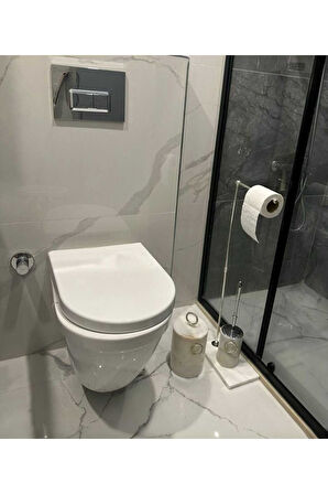 DOĞAL MERMER TABANLI WC PEÇETELİK - ÇÖP KOVASI - WC FIRÇALIK - BEYAZ