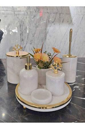 GODİVA - GOLD DETAYLI MERMER BANYO SETİ - 7 PARÇA - GOLD KASNAK DETAYLI- METAL KAPAKLI