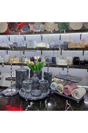 Grey Silver - Doğal Füme Mermer Banyo Seti | 10lu | Gümüş |