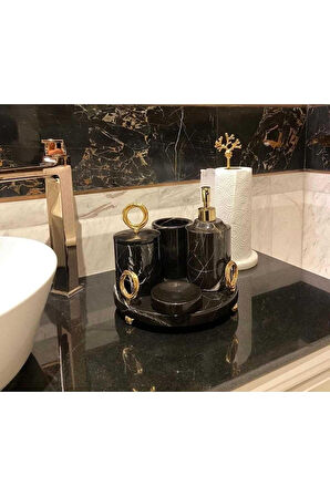 Sapphire Black - Doğal Siyah Mermer Banyo Seti | 5li | Boncuk Ayaklı | Gold Halkalı |