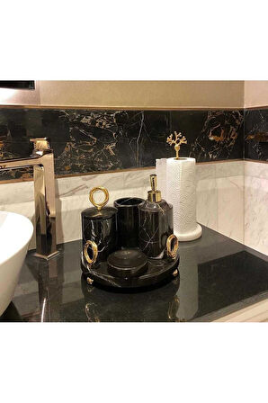 Sapphire Black - Doğal Siyah Mermer Banyo Seti | 5li | Boncuk Ayaklı | Gold Halkalı |