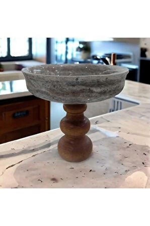 Silver Travertine Bowl - Gümüş Traverten Kase - Ahşap ayaklı Kase