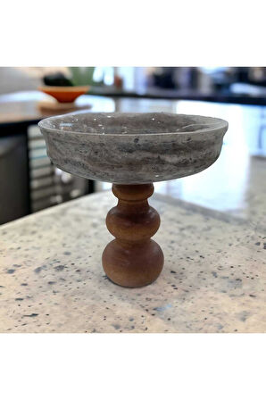 Silver Travertine Bowl - Gümüş Traverten Kase - Ahşap ayaklı Kase