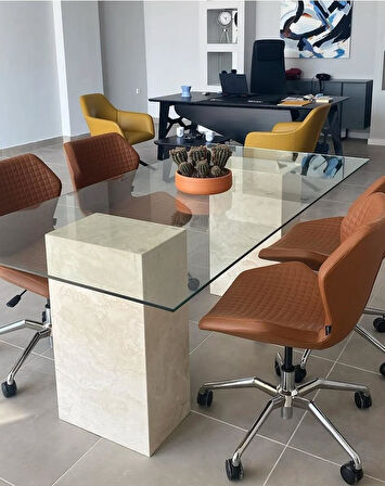 Cam Tablalı Mermer Ayaklı Ofis Masası