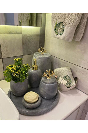 Dekoratif Gri Mermer Banyo Seti Takımı Gold Detaylı 7 Li Tasarım Set