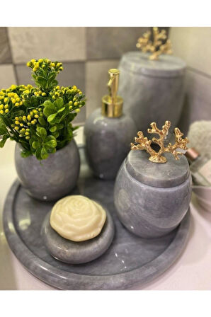 Dekoratif Gri Mermer Banyo Seti Takımı Gold Detaylı 7 Li Tasarım Set