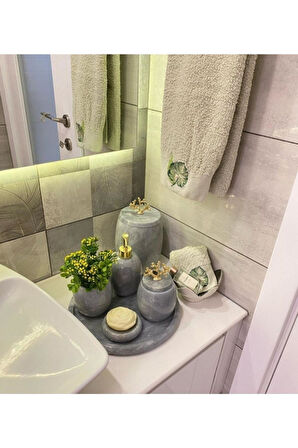 Dekoratif Gri Mermer Banyo Seti Takımı Gold Detaylı 7 Li Tasarım Set