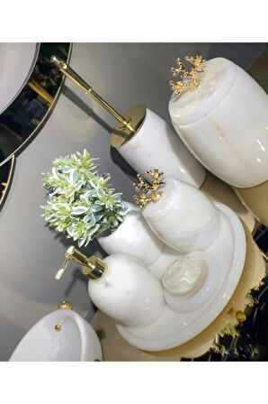 Dekoratif Beyaz Mermer Banyo Seti Takımı 7 Li Gold Detaylı Tasarım Set