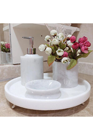 Doğal Beyaz Üzeri Gri Geçişli Mermer Banyo Seti Ayaklı 4lü Takım