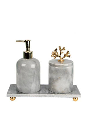 Dekoratif Doğal Gri Mermer Banyo Seti Gold Mercan Detaylı 3lü Banyo Takımı