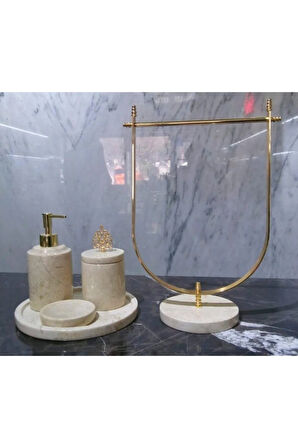 Bej Mermer Banyo Seti 4lü Ve Bej Mermer Gold Detaylı Havluluk
