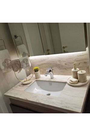 Bej Mermer Banyo Seti 4lü Ve Bej Mermer Gold Detaylı Havluluk
