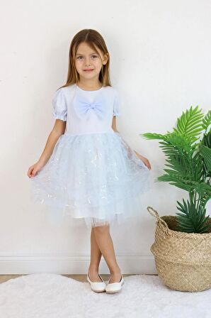 Yıldızlı Fiyonk Detaylı Özel Gün Kız Çocuk Elbise Mavi
