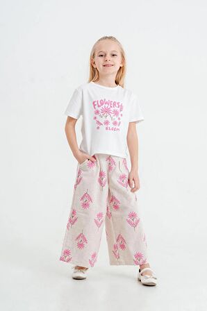 Çiçek Nakışlı Keten Kız Çocuk Pantolonlu Takım Pembe