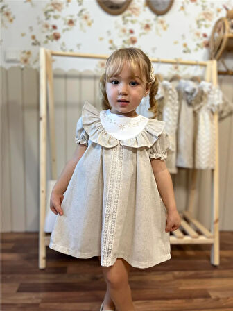Yakası Fırfırlı Karpuz Kol Kız Bebek Elbise Premium Seri %100 Keten Bej