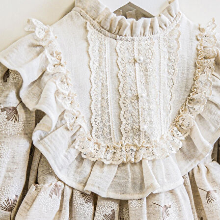 İnci Detaylı Vintage Elbise Bej