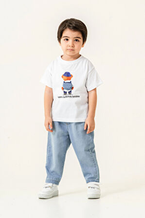 Teddy Tshirt Desenli Kot Pantolon Takım Beyaz